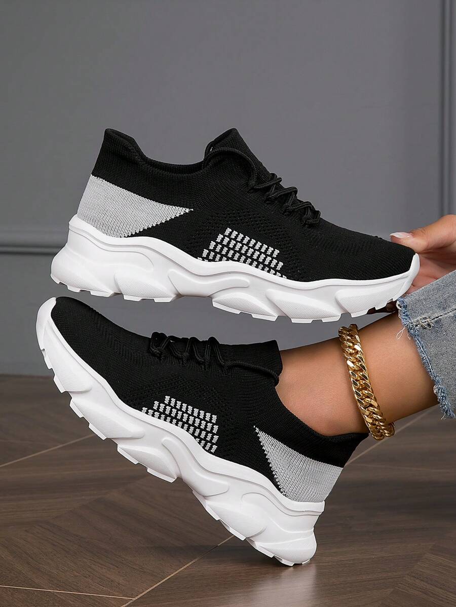 Women Breathable Two Tone Lace-up Front Running Shoes, Sporty Outdoor Sneakers - Black - View 1