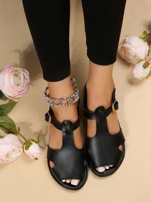 Women Cut Out Ankle Strap Sandals, Elegant Summer Flat Sandals - Black - View 6