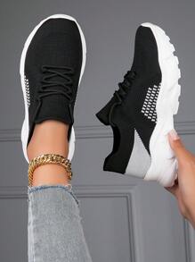 Women Breathable Two Tone Lace-up Front Running Shoes, Sporty Outdoor Sneakers - Black - View 2