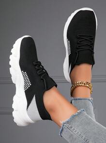 Women Breathable Two Tone Lace-up Front Running Shoes, Sporty Outdoor Sneakers - Black - View 3