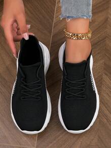 Women Breathable Two Tone Lace-up Front Running Shoes, Sporty Outdoor Sneakers - Black - View 4