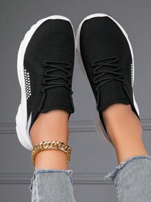 Women Breathable Two Tone Lace-up Front Running Shoes, Sporty Outdoor Sneakers - Black - View 5