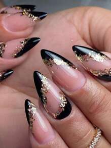 Get Glamorous with 24pcs Long Almond French Style Glitter Fake Nail & 1sheet Tape & 1pc Nail File - Multicolor - View 1