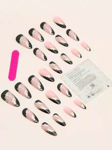 Get Glamorous with 24pcs Long Almond French Style Glitter Fake Nail & 1sheet Tape & 1pc Nail File - Multicolor - View 2