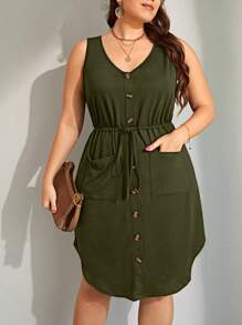 SHEIN LUNE Đầm cài nút phía trước có túi rút eo - xanh quân đội - Xem 1