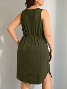 SHEIN LUNE Đầm cài nút phía trước có túi rút eo - xanh quân đội - Xem 2