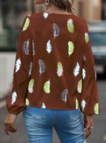 SHEIN LUNE 羽毛印花燈籠袖襯衫 - 棕色 - 查看 2