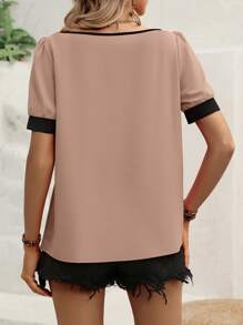SHEIN Clasi Áo sơ mi nữ Tương phản ràng buộc màu trơn Giải trí - Màu Khaki - Xem 2