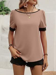 SHEIN Clasi Áo sơ mi nữ Tương phản ràng buộc màu trơn Giải trí - Màu Khaki - Xem 3