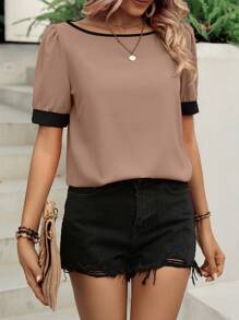 SHEIN Clasi Áo sơ mi nữ Tương phản ràng buộc màu trơn Giải trí - Màu Khaki - Xem 4