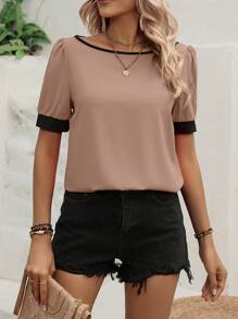 SHEIN Clasi Áo sơ mi nữ Tương phản ràng buộc màu trơn Giải trí - Màu Khaki - Xem 5
