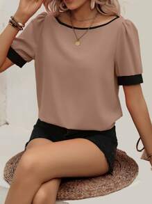 SHEIN Clasi Áo sơ mi nữ Tương phản ràng buộc màu trơn Giải trí - Màu Khaki - Xem 6