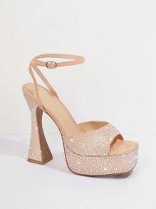 Rhinestone Peep Toe Platform Heels - Apricot - View 4