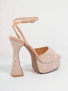 Rhinestone Peep Toe Platform Heels - Apricot - View 2