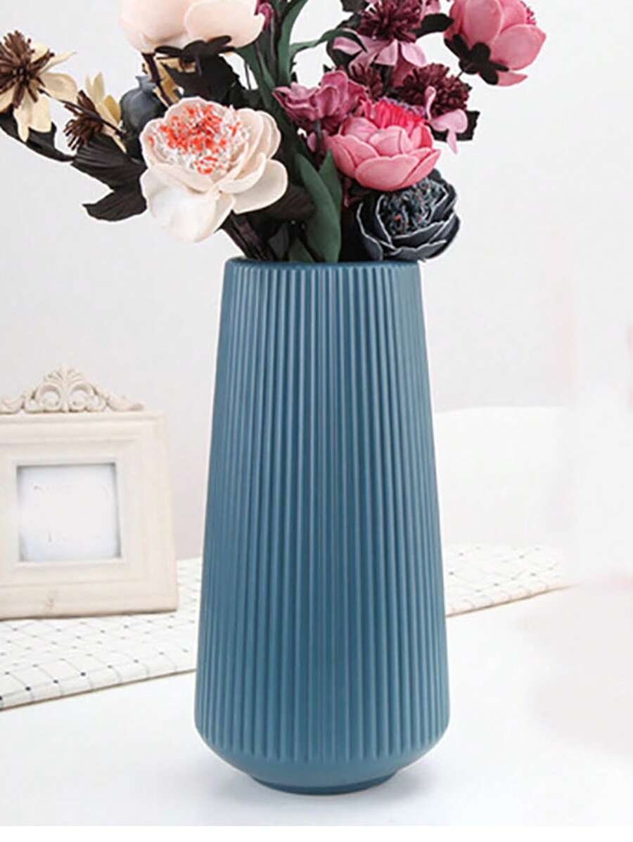 1pc Plain Flower Vase, Nordic Plastic Textured Design Flower Vase For Home - Blue - View 1