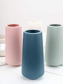 1pc Plain Flower Vase, Nordic Plastic Textured Design Flower Vase For Home - Blue - View 2