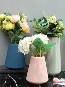 1pc Plain Flower Vase, Nordic Plastic Textured Design Flower Vase For Home - Blue - View 3