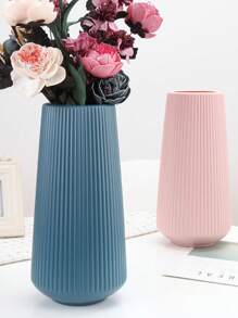 1pc Plain Flower Vase, Nordic Plastic Textured Design Flower Vase For Home - Blue - View 6