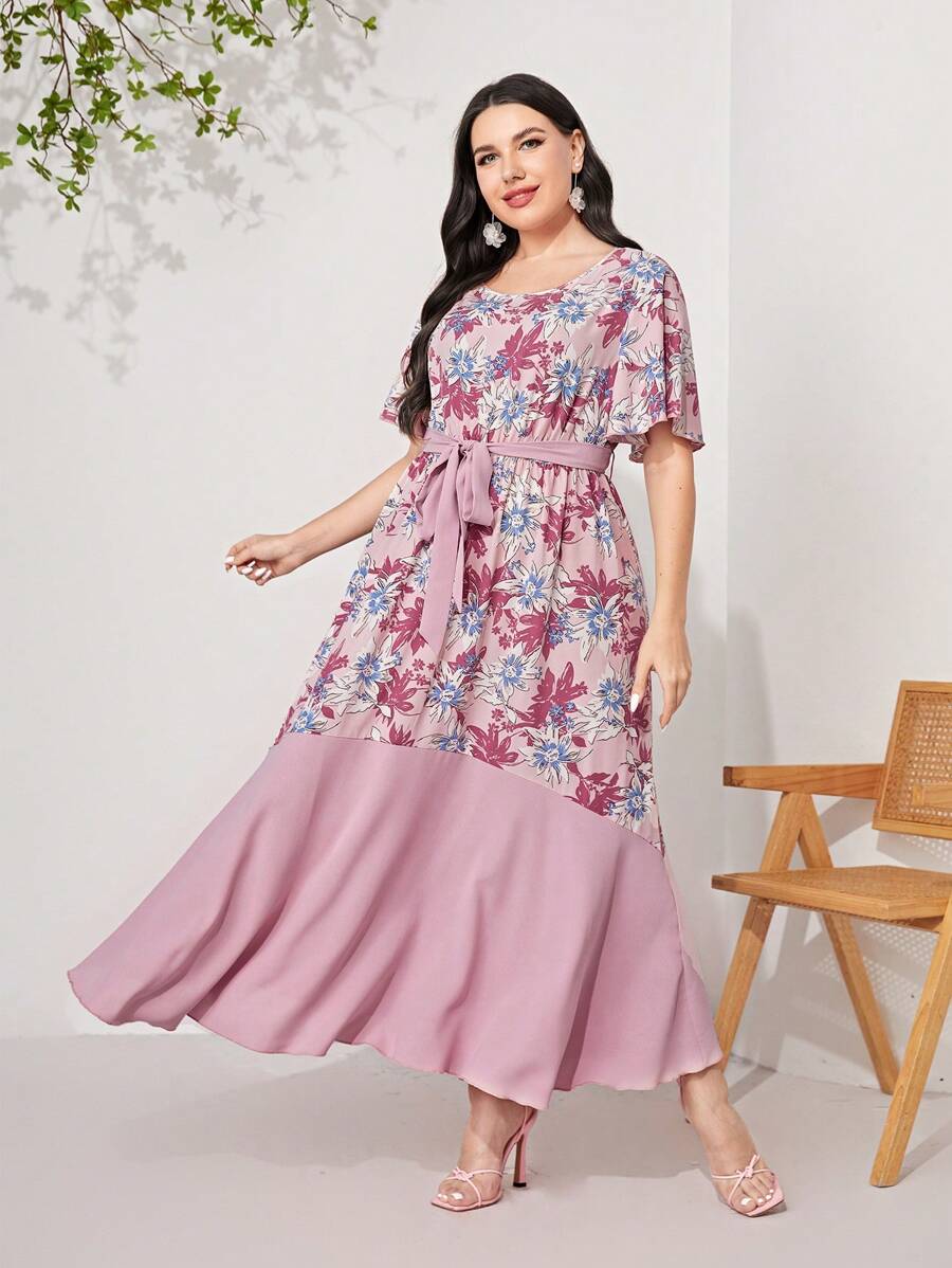 Mulvari 大碼印花蝴蝶袖繫腰帶連衣裙 - 藕粉色 - 查看 1