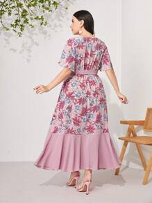 Mulvari 大碼印花蝴蝶袖繫腰帶連衣裙 - 藕粉色 - 查看 2