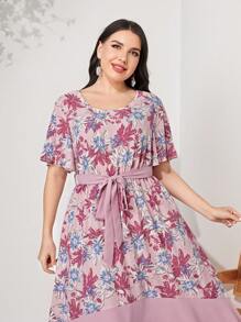 Mulvari 大碼印花蝴蝶袖繫腰帶連衣裙 - 藕粉色 - 查看 3