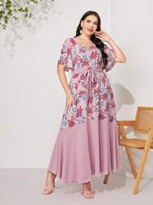 Mulvari 大碼印花蝴蝶袖繫腰帶連衣裙 - 藕粉色 - 查看 4