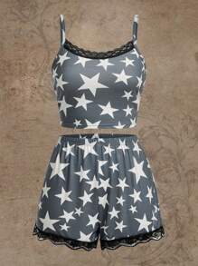 ROMWE Star Print Contrast Lace PJ Set - Grey - View 1