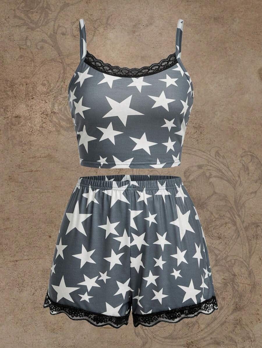 ROMWE Star Print Contrast Lace PJ Set - Grey - View 1