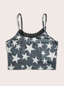 ROMWE Star Print Contrast Lace PJ Set - Grey - View 3