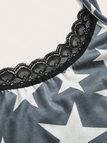 ROMWE Star Print Contrast Lace PJ Set - Grey - View 6