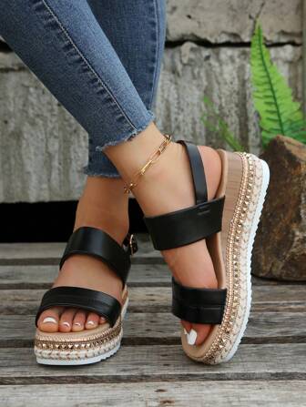 Women Studded Decor Slingback Espadrille Wedge Sandals, Vacation Summer Sandals
