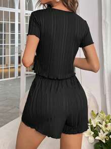 缺口領木耳邊休閒服套裝 - 黑色 - 查看 2