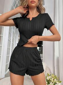 缺口領木耳邊休閒服套裝 - 黑色 - 查看 1