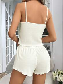 Lettuce Trim Cami Top & Shorts Lounge Set - Beige - View 2