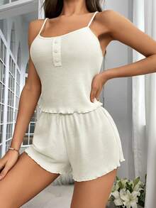 Lettuce Trim Cami Top & Shorts Lounge Set - Beige - View 5