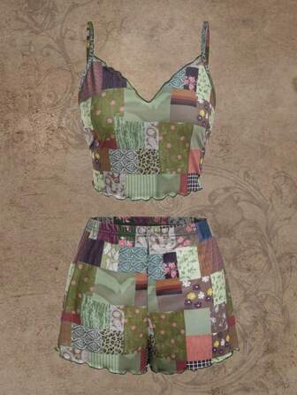 Hippie Patchwork Print Lettuce Trim PJ Set