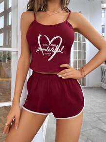 愛心和字母圖案吊帶背心和短褲休閒套裝 - 酒紅色 - 查看 3