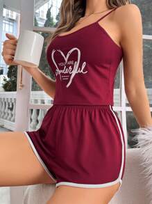 愛心和字母圖案吊帶背心和短褲休閒套裝 - 酒紅色 - 查看 6