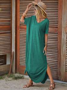 SHEIN LUNE Đầm Chia màu trơn Giải trí - Màu xanh ngọc - Xem 3