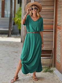 SHEIN LUNE Đầm Chia màu trơn Giải trí - Màu xanh ngọc - Xem 5