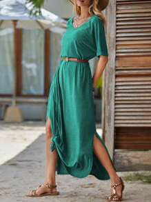 SHEIN LUNE Đầm Chia màu trơn Giải trí - Màu xanh ngọc - Xem 6