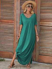 SHEIN LUNE Đầm Chia màu trơn Giải trí - Màu xanh ngọc - Xem 7