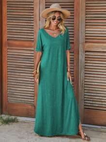 SHEIN LUNE Đầm Chia màu trơn Giải trí - Màu xanh ngọc - Xem 8