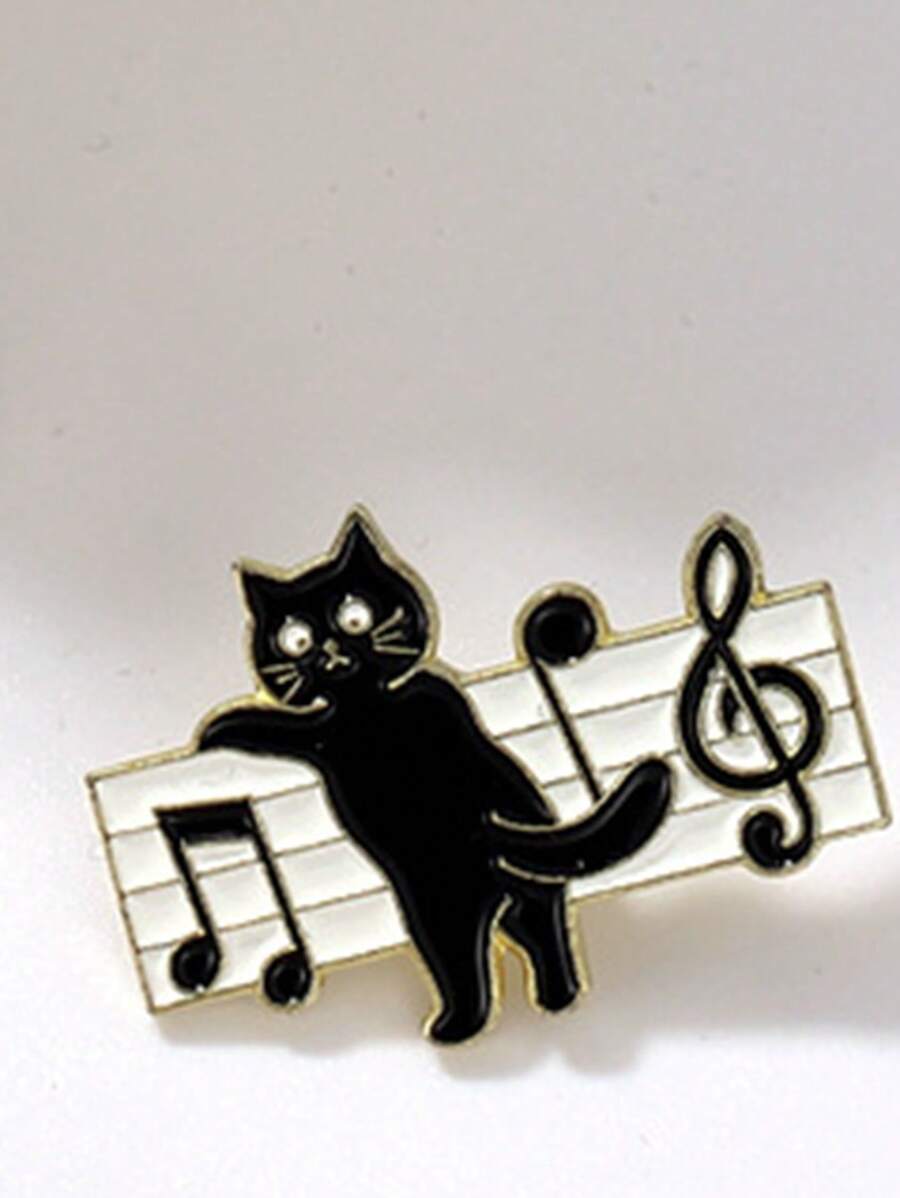 1入組鋅合金可愛音樂主題黑色貓和音符胸章胸針 - 彩色 - 查看 1