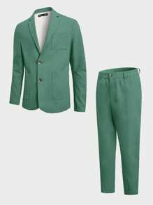 Manfinity NiteLyfe Men Solid Blazer & Suit Trousers Set Without Shirt - Green - View 2