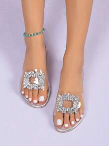 Beach Vacation Rhinestone Square Buckle Silver-Color Transparent Flat Women's Sandals