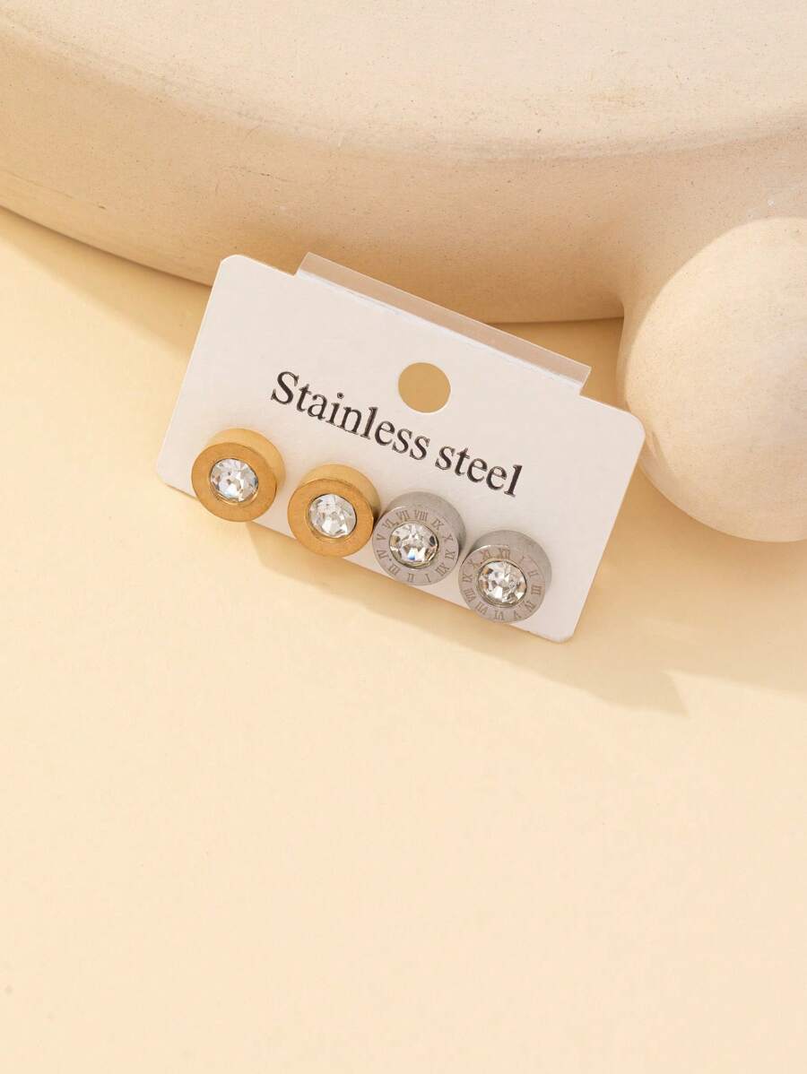 2pairs Titanium Steel Roman Numeral Circle Stud Earrings - Multicolor - View 1