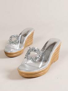 Phụ nữ Rhinestone Decor Rõ ràng Quai đeo Wedge Slide Sandals, Summer Summer Sandals - Trong sáng - Xem 4