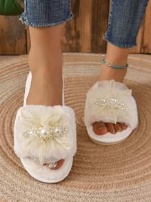 女性人造珍珠裝飾毛茸茸時尚室內家居拖鞋