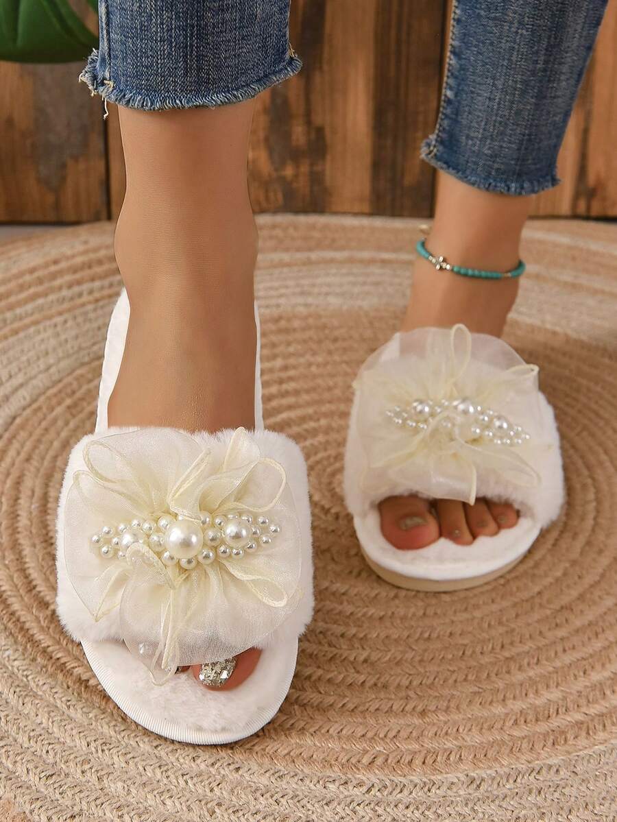 女性人造珍珠裝飾毛茸茸時尚室內家居拖鞋